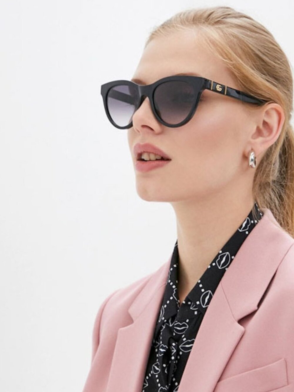Gucci GG0763S 001 Women Sunglasses Black Cat Eye Frame, Grey Lenses